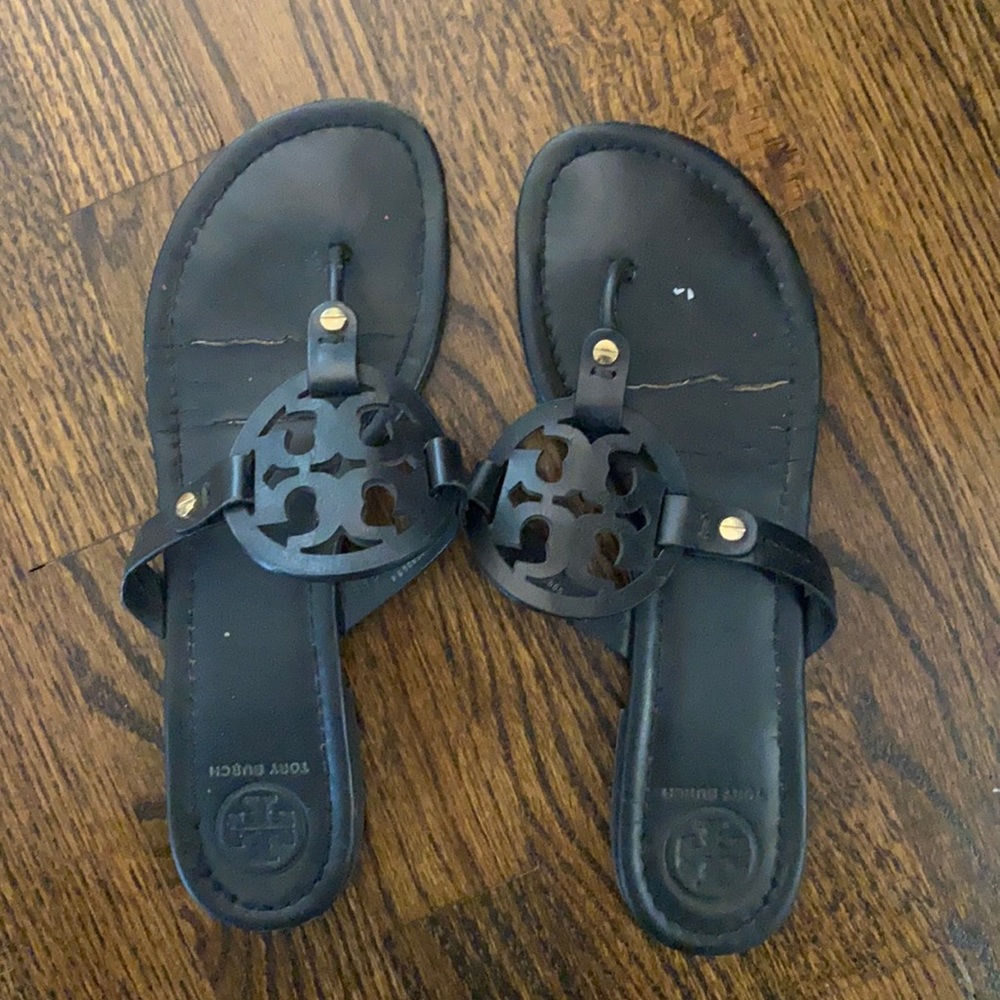 Heavily worn Tory Burch Miller Sandals black leather